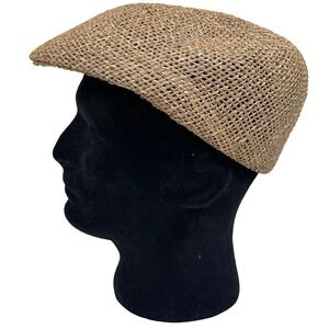 Vintage Woven Straw Raffia Rattan Cabbie Newsboy Driving Cap Hat Natural Beach M